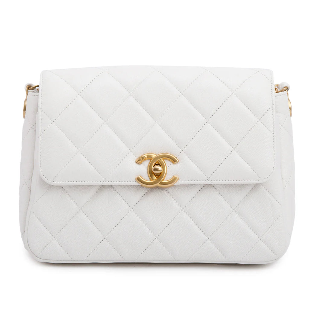 White Quilted Caviar Leather Small CC Side Note Flap Bag Coeur Cult Core