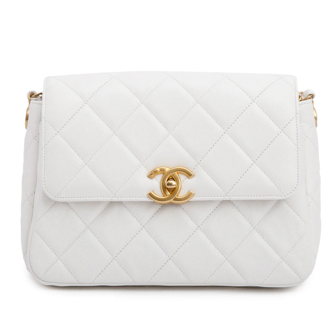 White Quilted Caviar Leather Small CC Side Note Flap Bag Coeur Cult Core