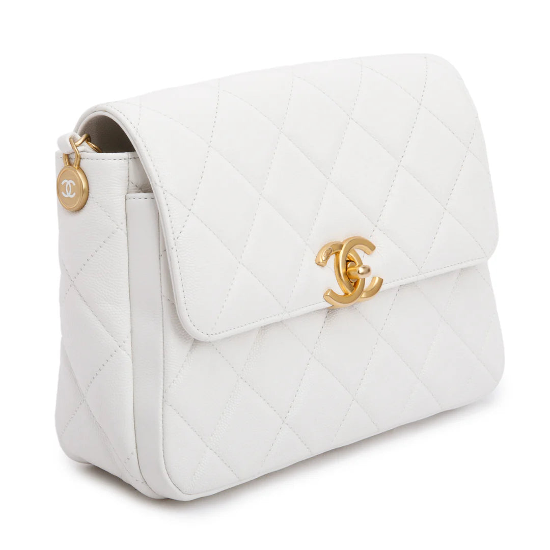 White Quilted Caviar Leather Small CC Side Note Flap Bag Coeur Cult Core