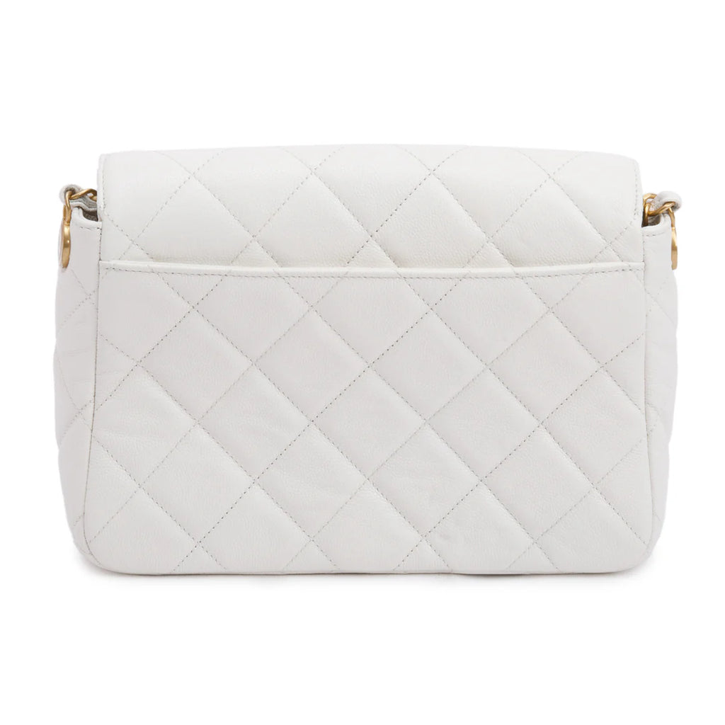 White Quilted Caviar Leather Small CC Side Note Flap Bag Coeur Cult Core