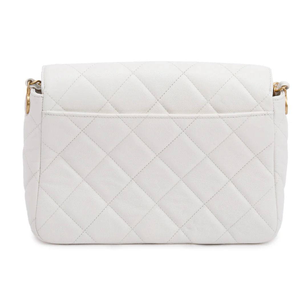 White Quilted Caviar Leather Small CC Side Note Flap Bag Coeur Cult Core