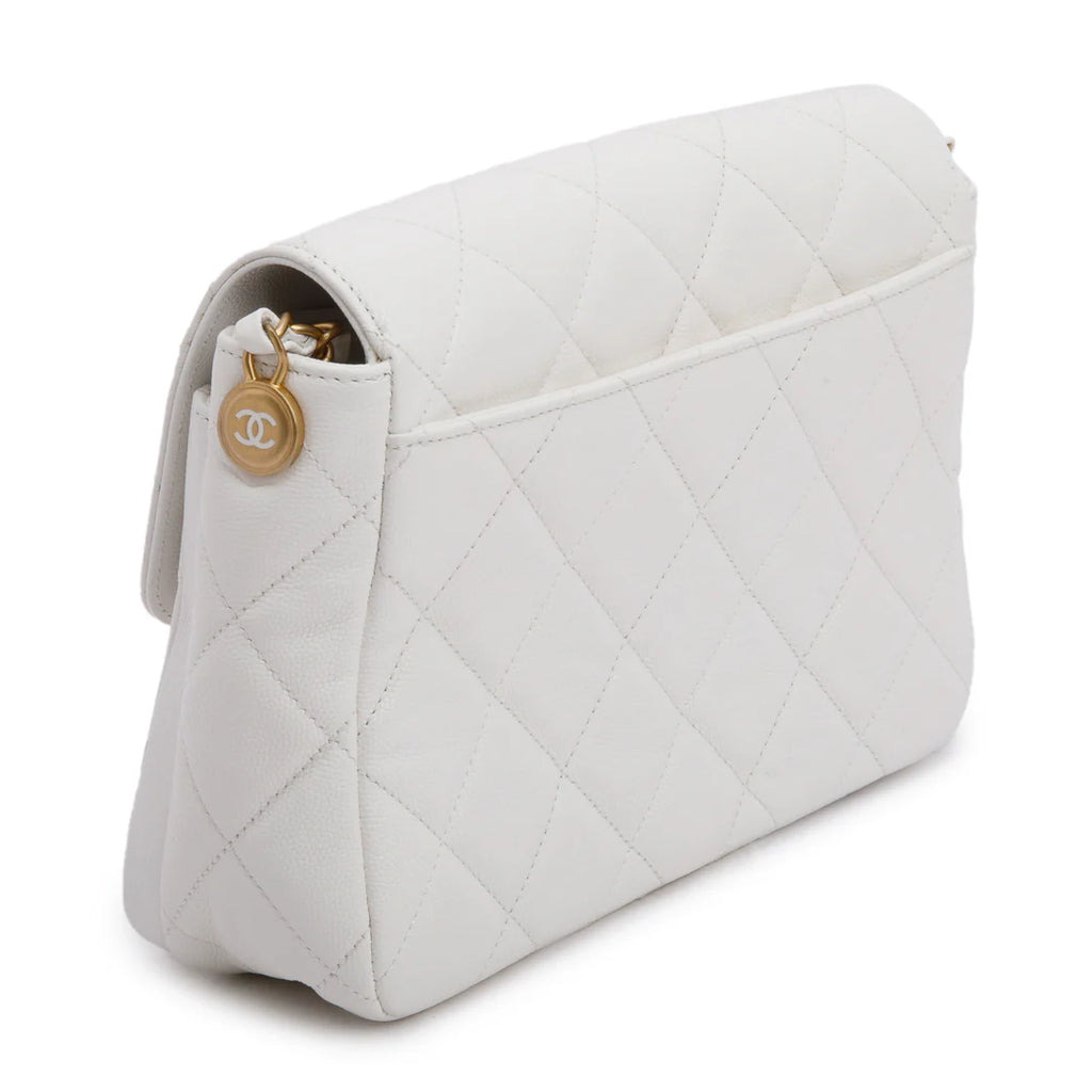 White Quilted Caviar Leather Small CC Side Note Flap Bag Coeur Cult Core