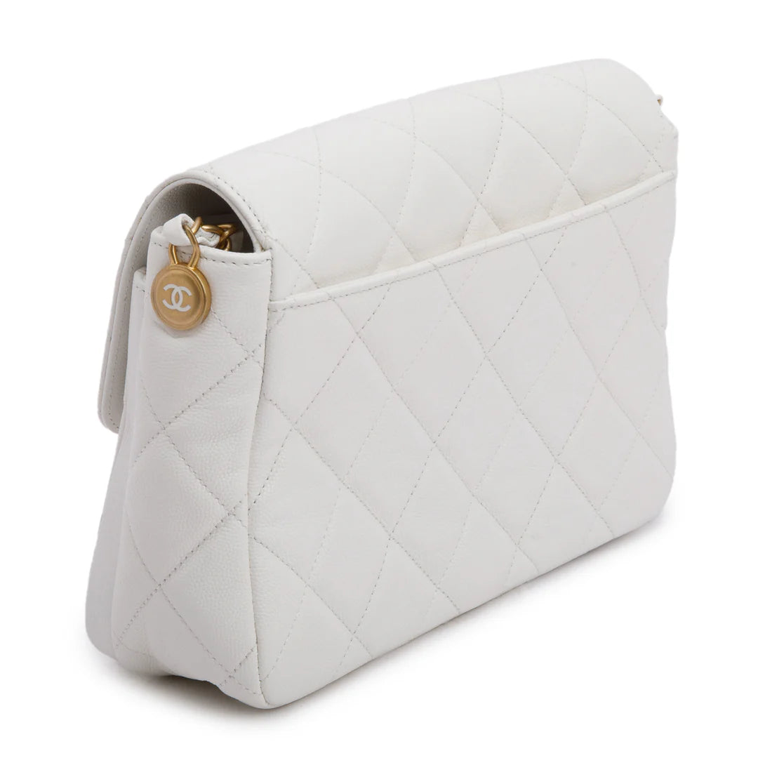 White Quilted Caviar Leather Small CC Side Note Flap Bag Coeur Cult Core