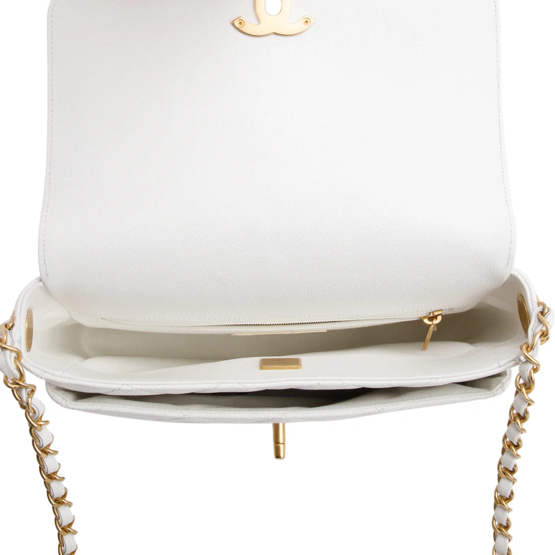 White Quilted Caviar Leather Small CC Side Note Flap Bag Coeur Cult Core