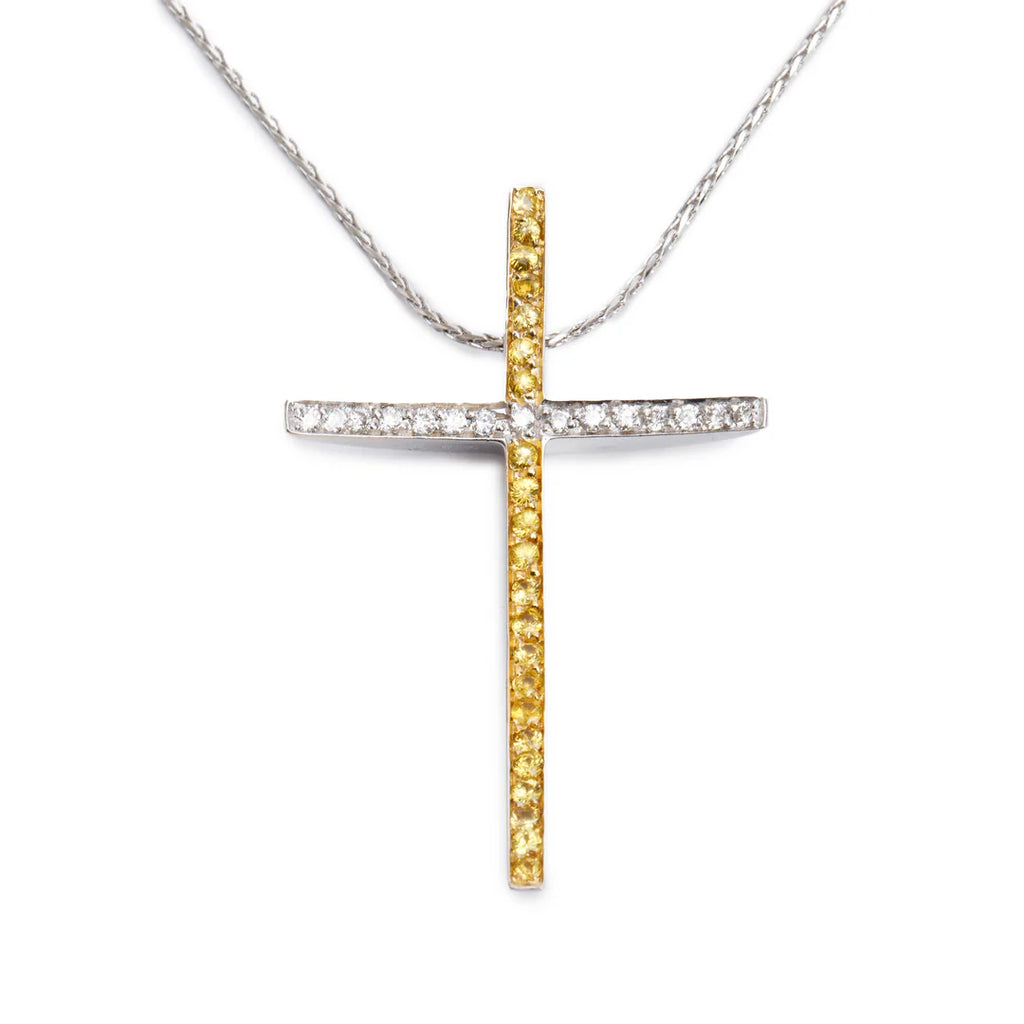 18k White Gold Yellow Sapphire &amp; Diamond Cross Pendant Necklace