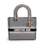 2022 Black/White Houndstooth Embroidered Medium Lady D-Lite Bag w/ Strap