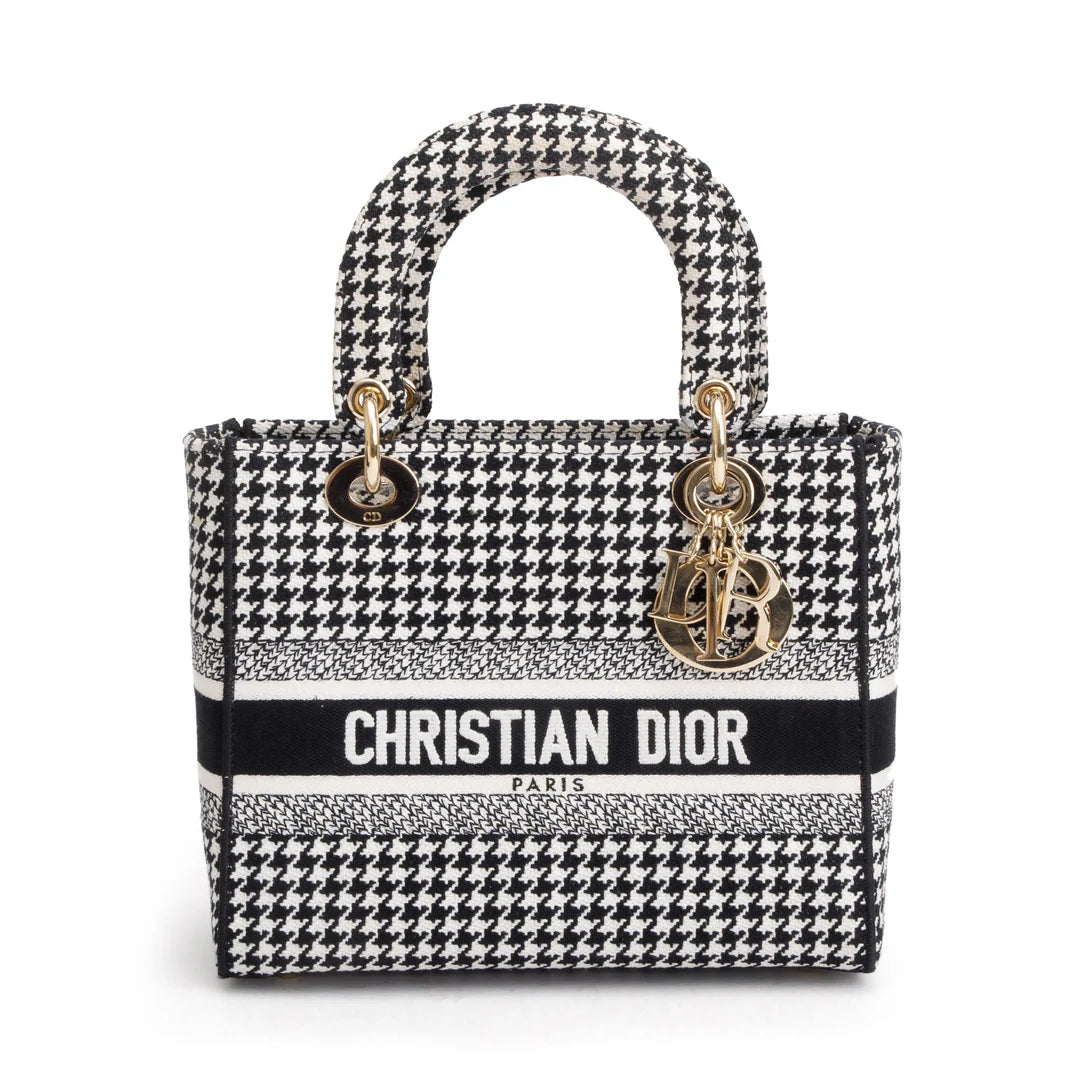 2022 Black/White Houndstooth Embroidered Medium Lady D-Lite Bag w/ Strap
