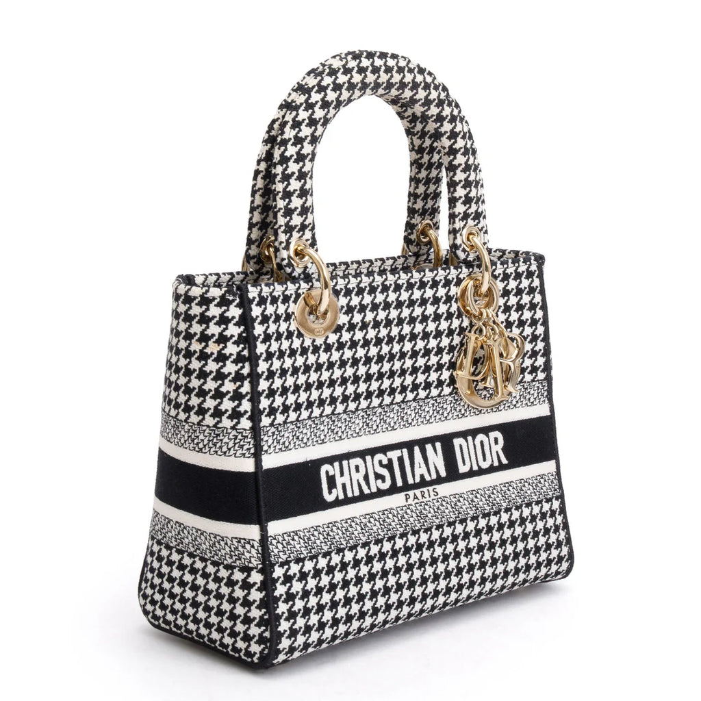 2022 Black/White Houndstooth Embroidered Medium Lady D-Lite Bag w/ Strap