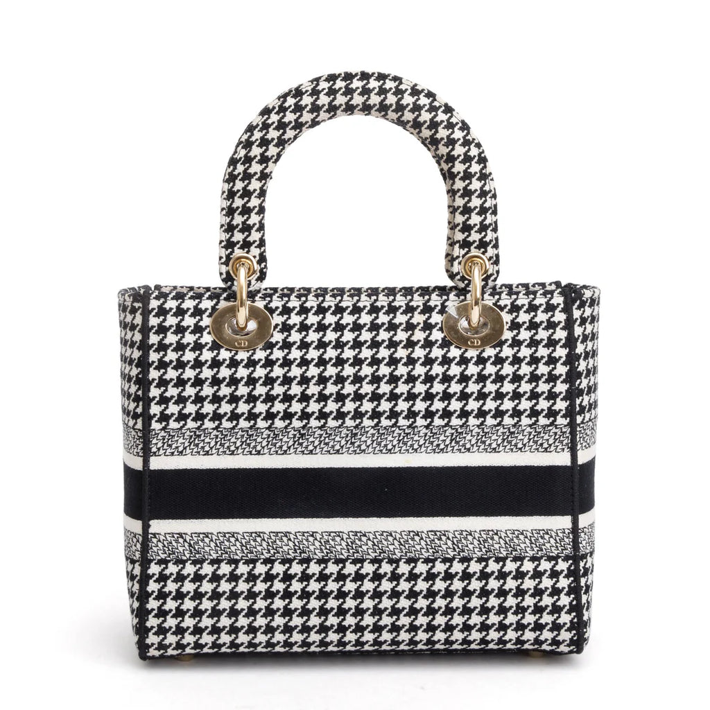 2022 Black/White Houndstooth Embroidered Medium Lady D-Lite Bag w/ Strap