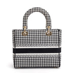 2022 Black/White Houndstooth Embroidered Medium Lady D-Lite Bag w/ Strap