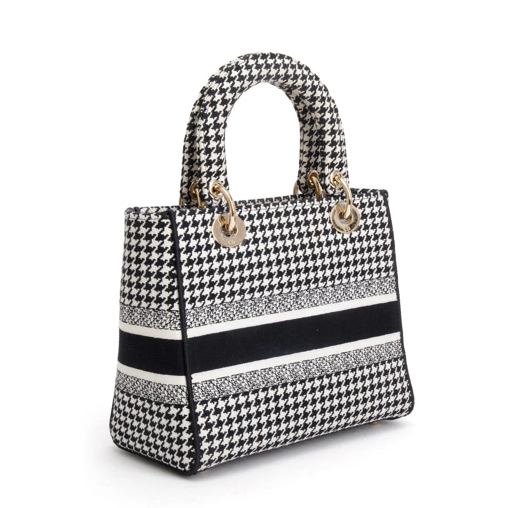 2022 Black/White Houndstooth Embroidered Medium Lady D-Lite Bag w/ Strap