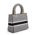 2022 Black/White Houndstooth Embroidered Medium Lady D-Lite Bag w/ Strap