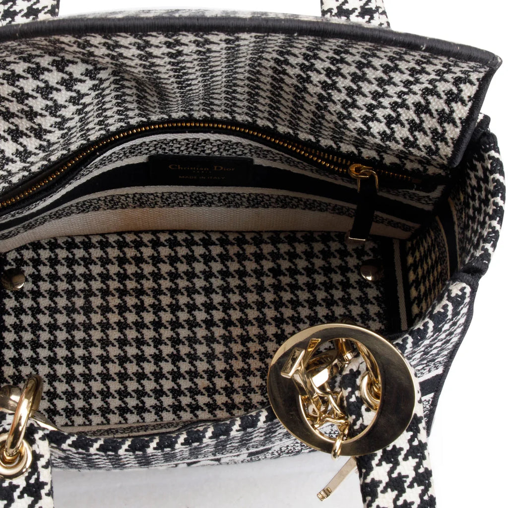 2022 Black/White Houndstooth Embroidered Medium Lady D-Lite Bag w/ Strap