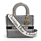 2022 Black/White Houndstooth Embroidered Medium Lady D-Lite Bag w/ Strap