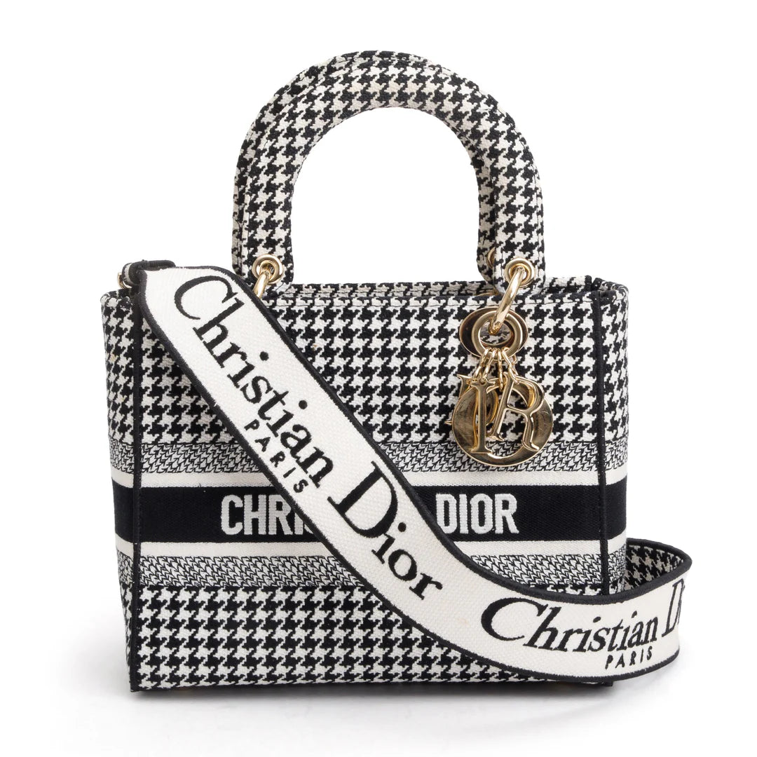 2022 Black/White Houndstooth Embroidered Medium Lady D-Lite Bag w/ Strap