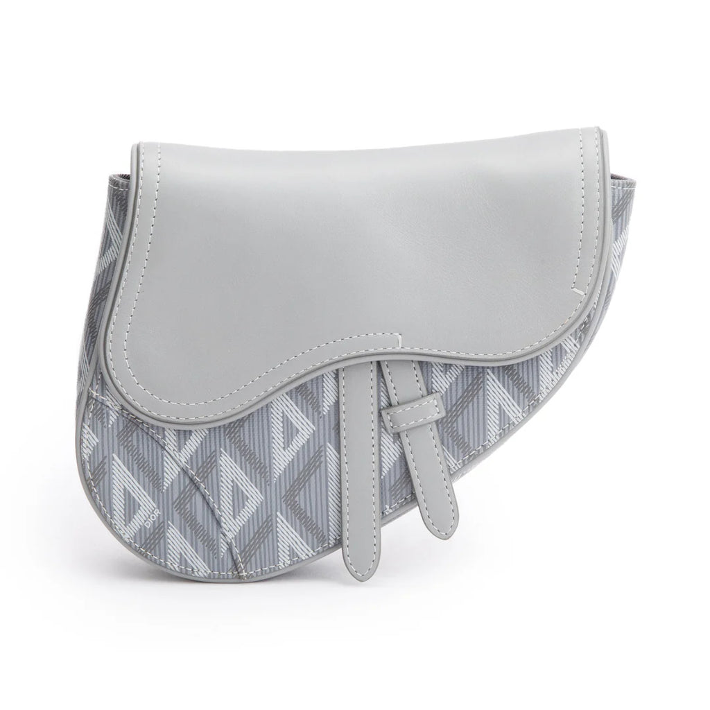 2022 Grey Calfskin Leather CD Diamond Coated Canvas Mini Saddle Crossbody Bag