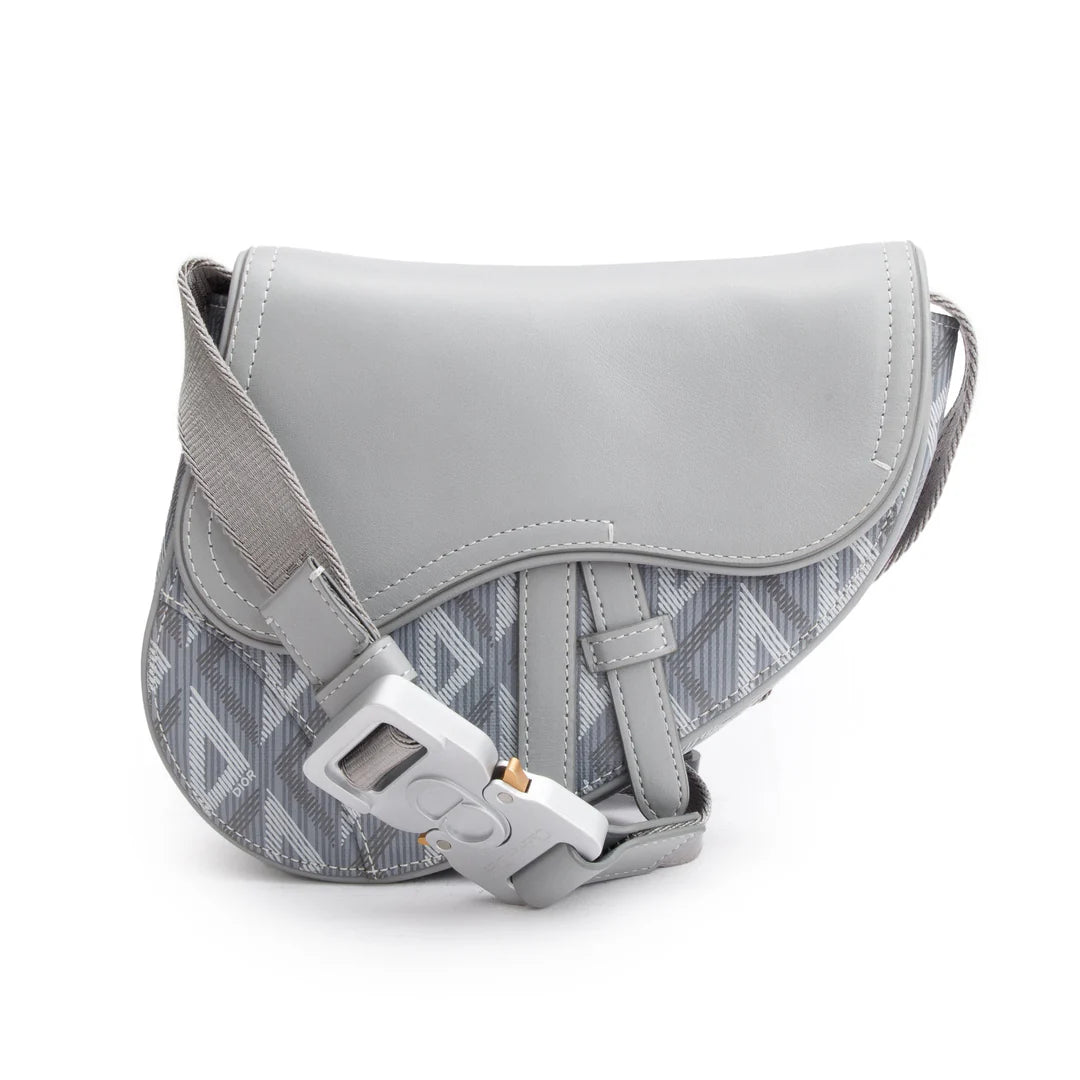 2022 Grey Calfskin Leather CD Diamond Coated Canvas Mini Saddle Crossbody Bag