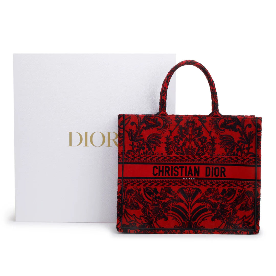 2022 Large Red and Black Toile de Jouy Embroidery Canvas Book Tote w/ Box