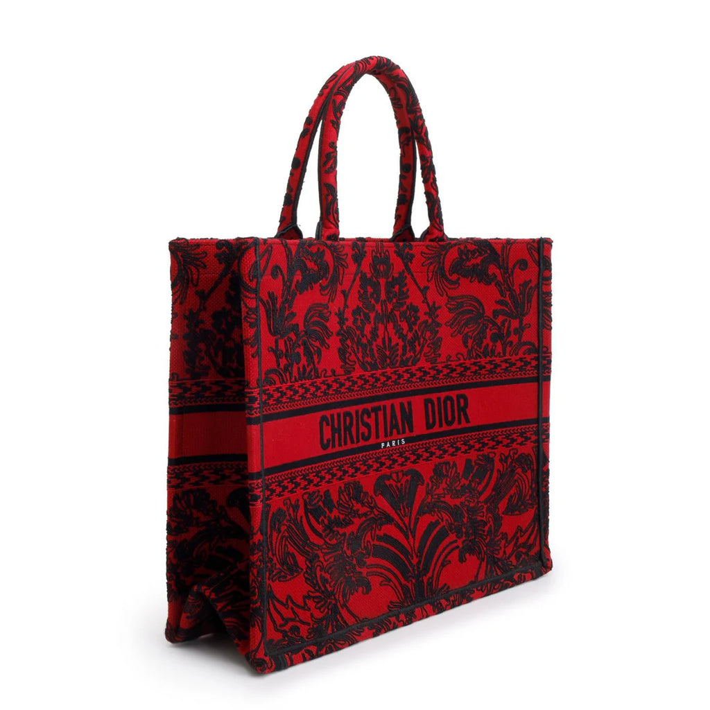 2022 Large Red and Black Toile de Jouy Embroidery Canvas Book Tote w/ Box
