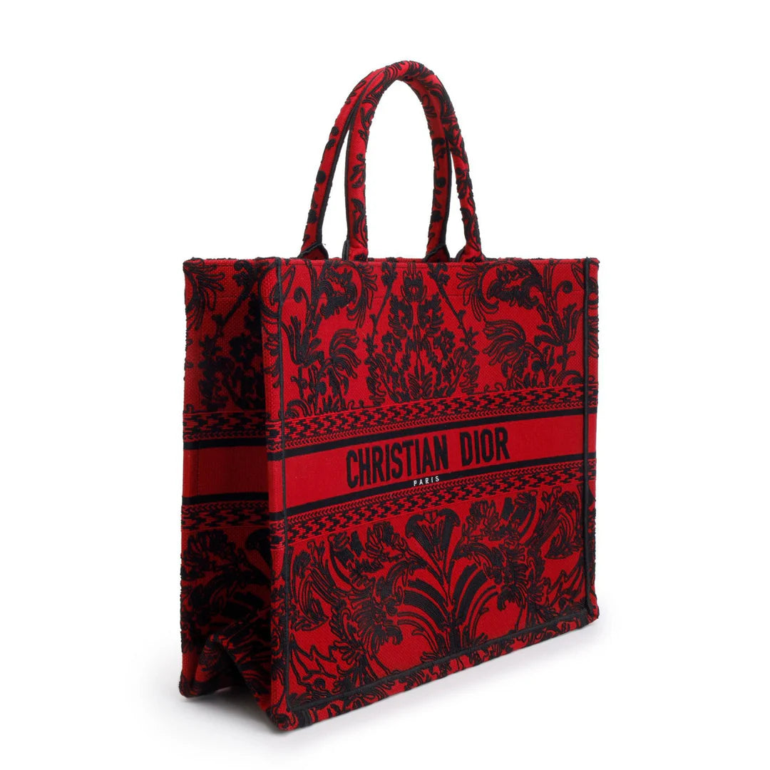 2022 Large Red and Black Toile de Jouy Embroidery Canvas Book Tote w/ Box