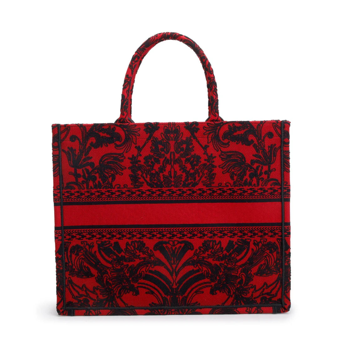 2022 Large Red and Black Toile de Jouy Embroidery Canvas Book Tote w/ Box