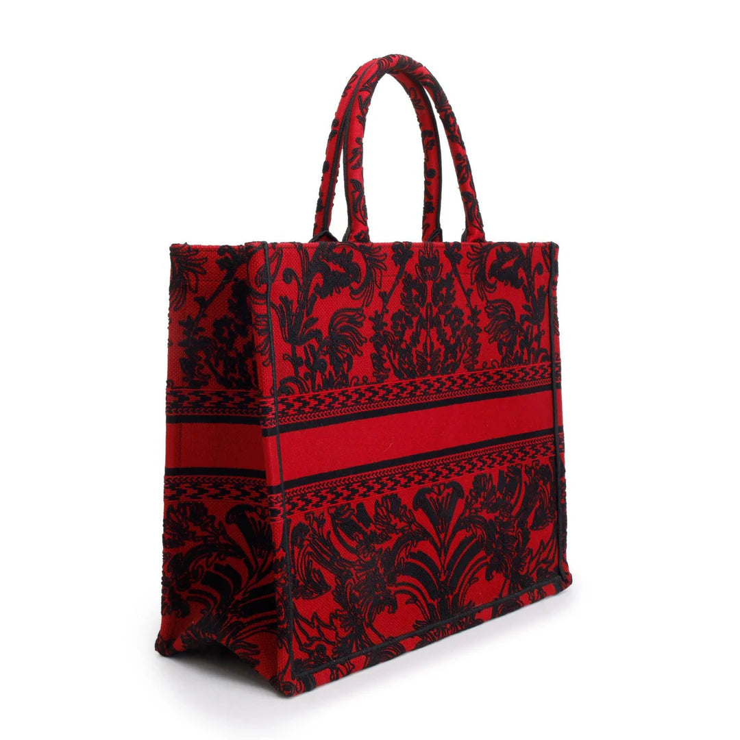 2022 Large Red and Black Toile de Jouy Embroidery Canvas Book Tote w/ Box