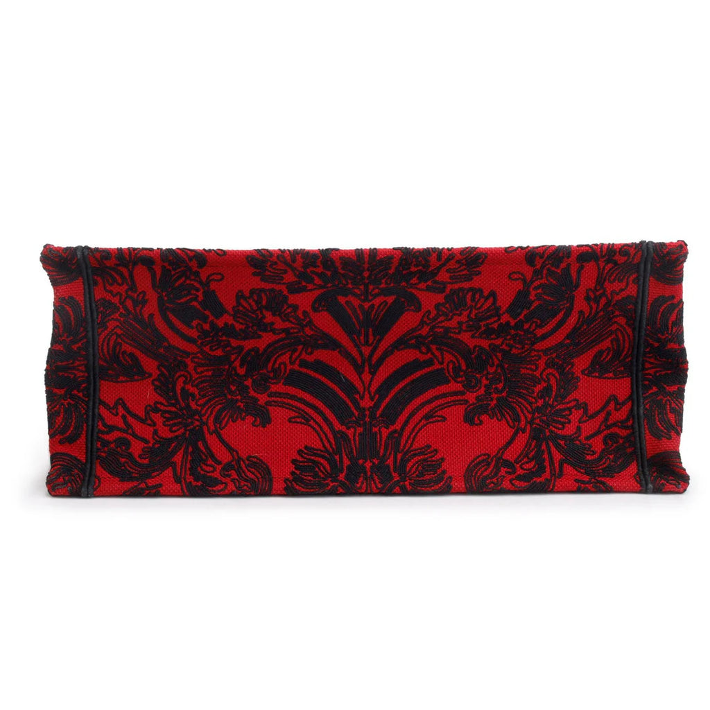 2022 Large Red and Black Toile de Jouy Embroidery Canvas Book Tote w/ Box
