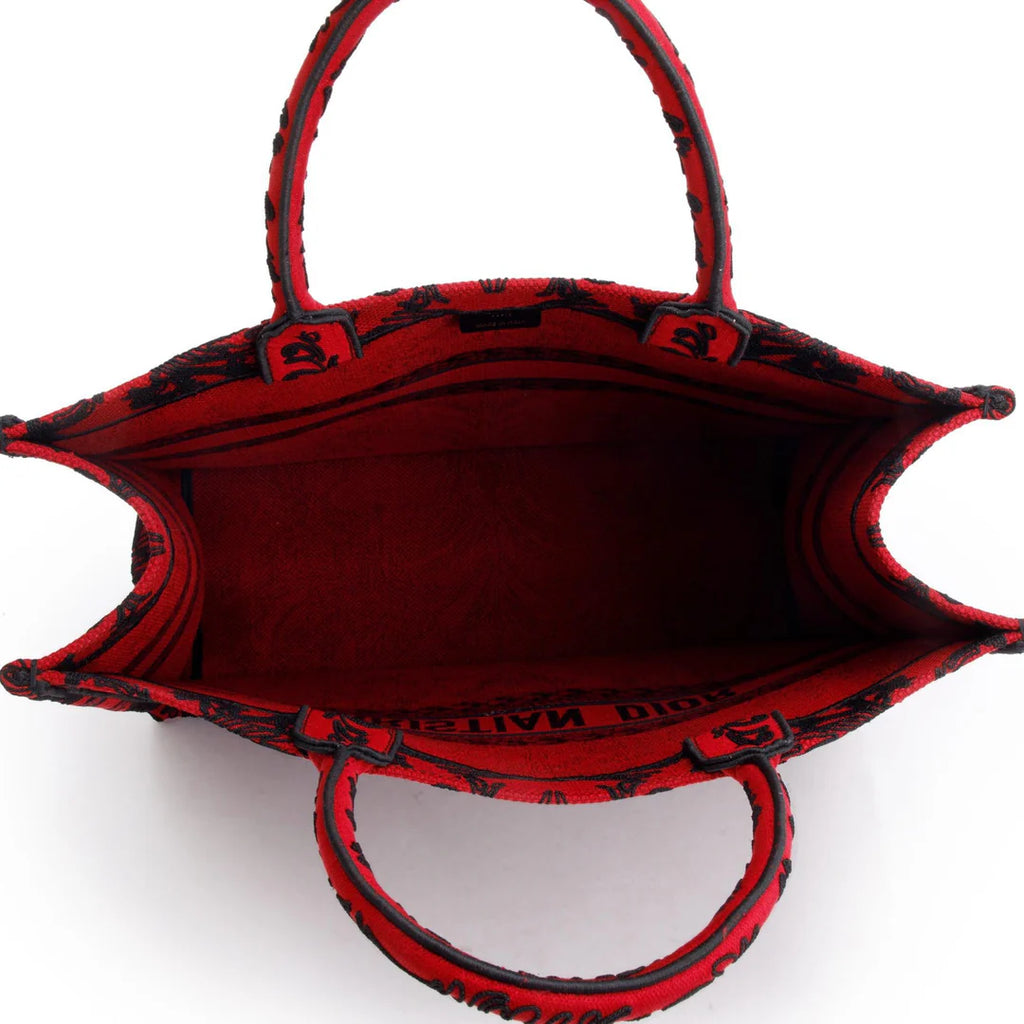 2022 Large Red and Black Toile de Jouy Embroidery Canvas Book Tote w/ Box