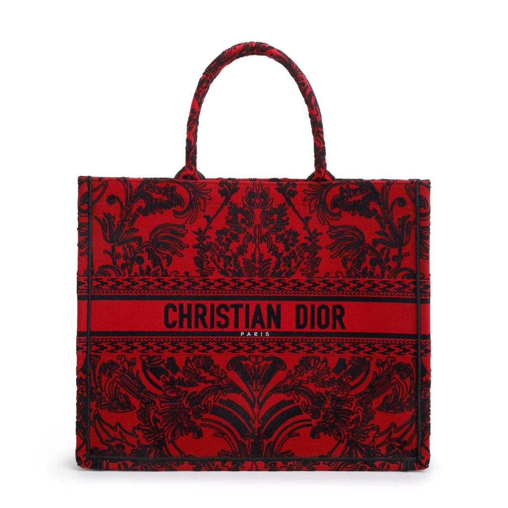 2022 Large Red and Black Toile de Jouy Embroidery Canvas Book Tote w/ Box