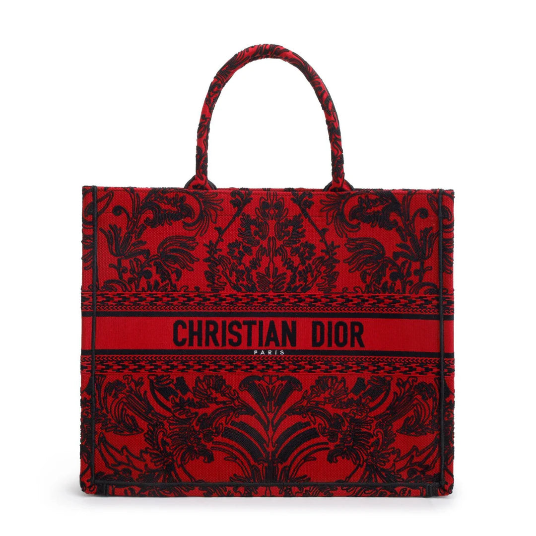 2022 Large Red and Black Toile de Jouy Embroidery Canvas Book Tote w/ Box
