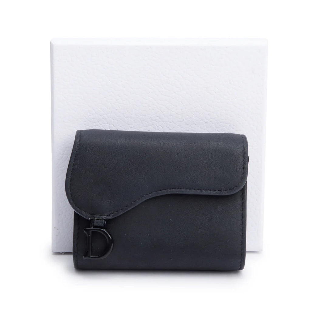 Black Ultra Matte Leather Saddle Lotus Wallet w/ Box