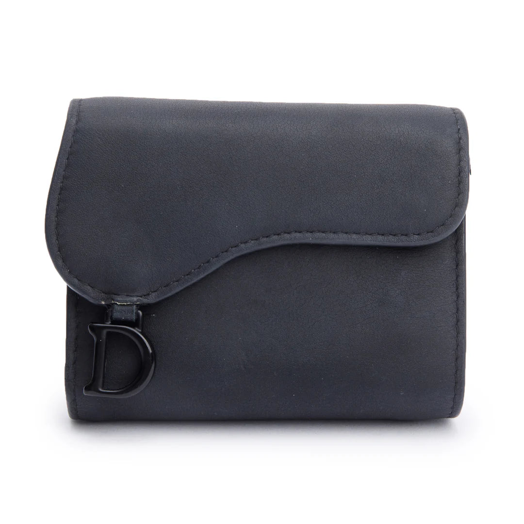 Black Ultra Matte Leather Saddle Lotus Wallet w/ Box