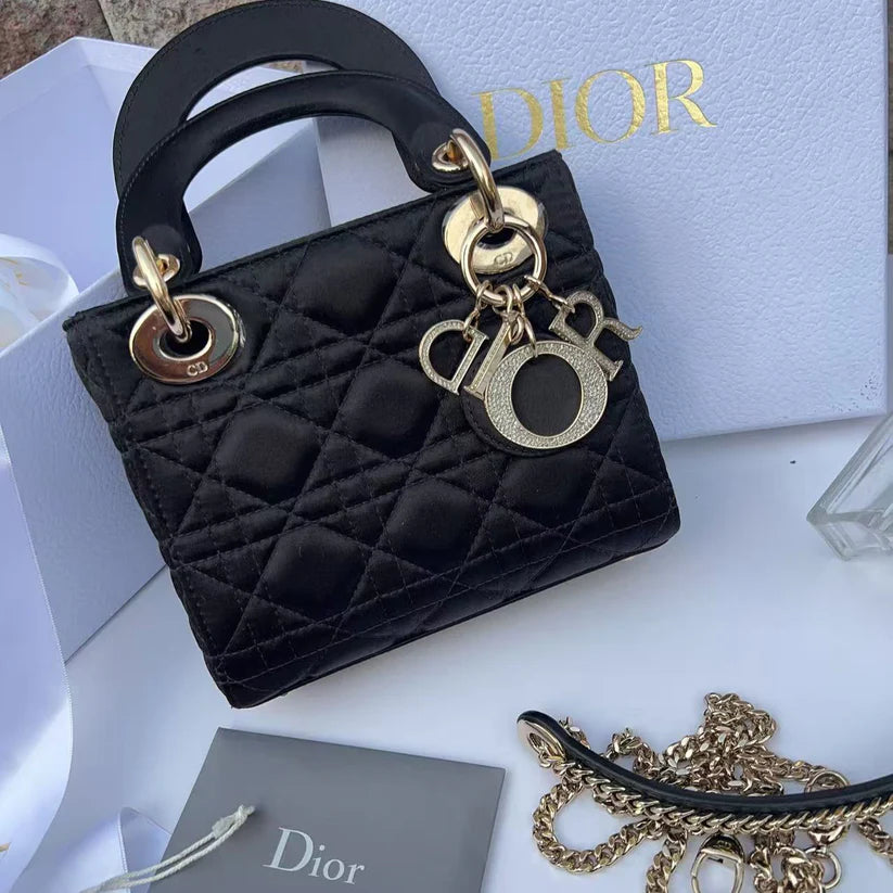 DIOR Black Quilted Satin Crystal Min Rhinestone 2WAY Lady Dior Bag Coeur Cult Core