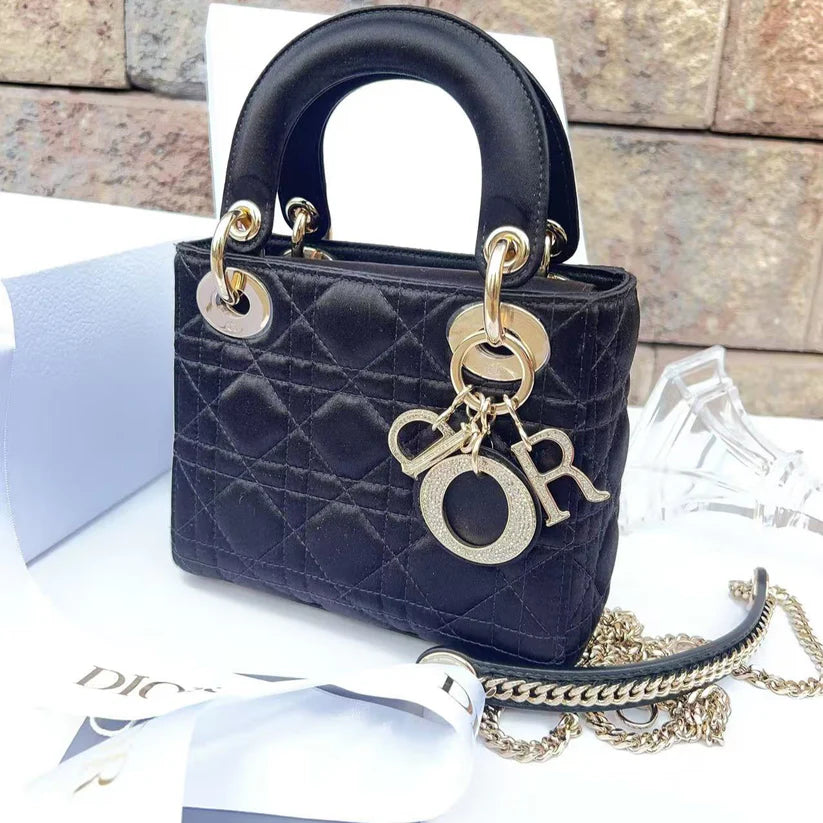 DIOR Black Quilted Satin Crystal Min Rhinestone 2WAY Lady Dior Bag Coeur Cult Core