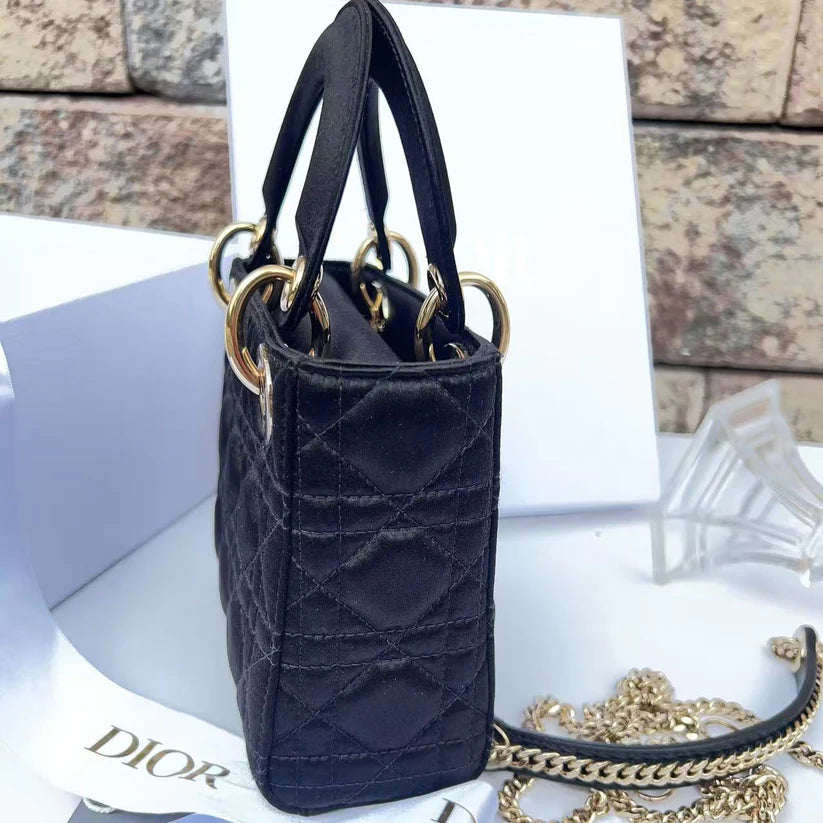DIOR Black Quilted Satin Crystal Min Rhinestone 2WAY Lady Dior Bag Coeur Cult Core