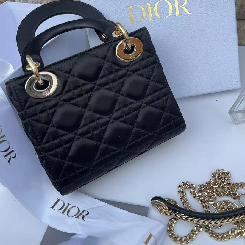 DIOR Black Quilted Satin Crystal Min Rhinestone 2WAY Lady Dior Bag Coeur Cult Core