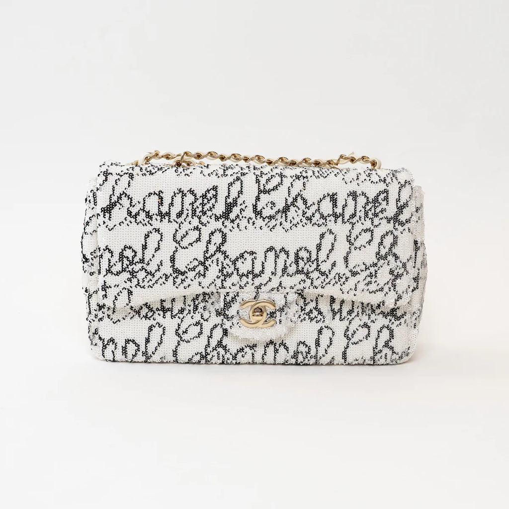 Pre-Loved Chanel™ White and Black Sequin Logo Flap Bag Coeur Cult Core