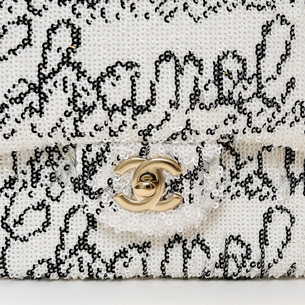 Pre-Loved Chanel™ White and Black Sequin Logo Flap Bag Coeur Cult Core