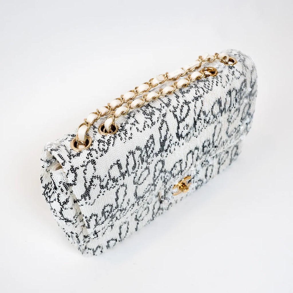 Pre-Loved Chanel™ White and Black Sequin Logo Flap Bag Coeur Cult Core