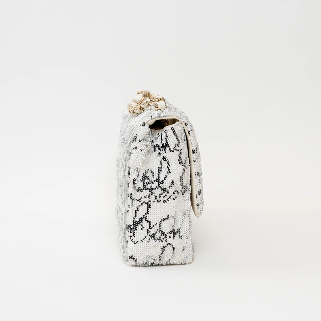 Pre-Loved Chanel™ White and Black Sequin Logo Flap Bag Coeur Cult Core