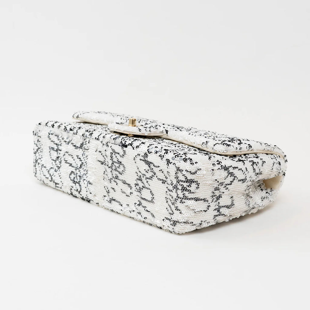 Pre-Loved Chanel™ White and Black Sequin Logo Flap Bag Coeur Cult Core