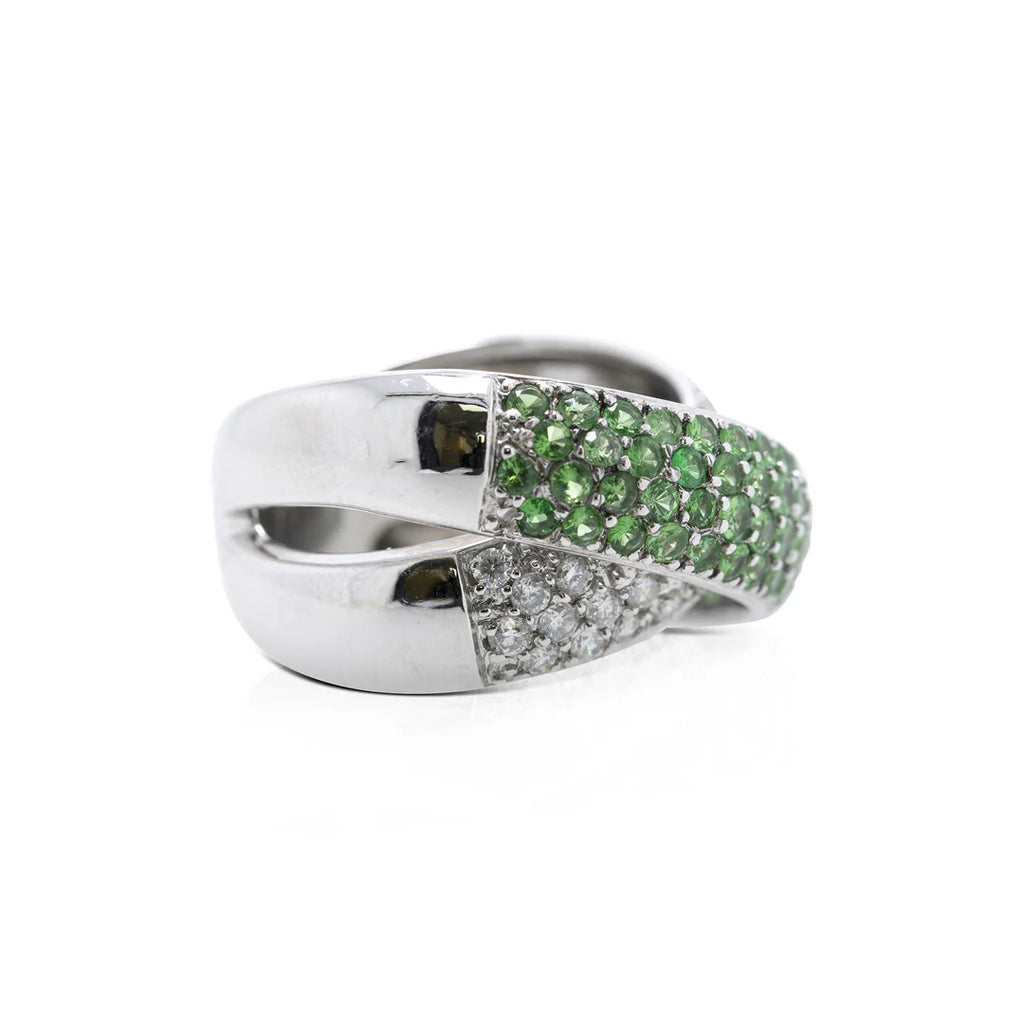 Diamond &amp; Tsavorite Cross Over Cocktail Ring