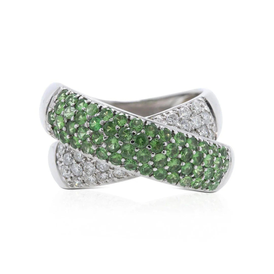 Diamond &amp; Tsavorite Cross Over Cocktail Ring