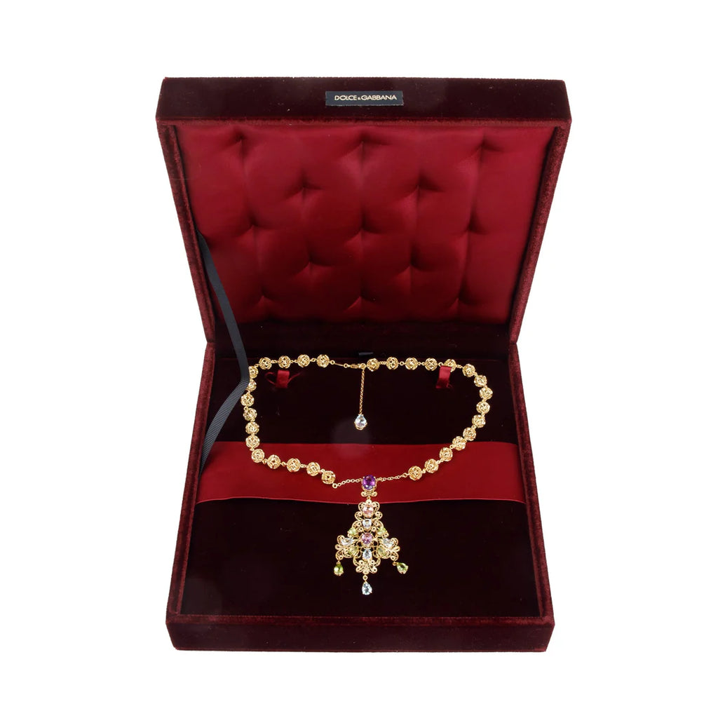 Dolce &amp; Gabbana 18k Yellow Gold Filigree Multicolor Stone Pizzo Necklace w/ Box Coeur Cult Core