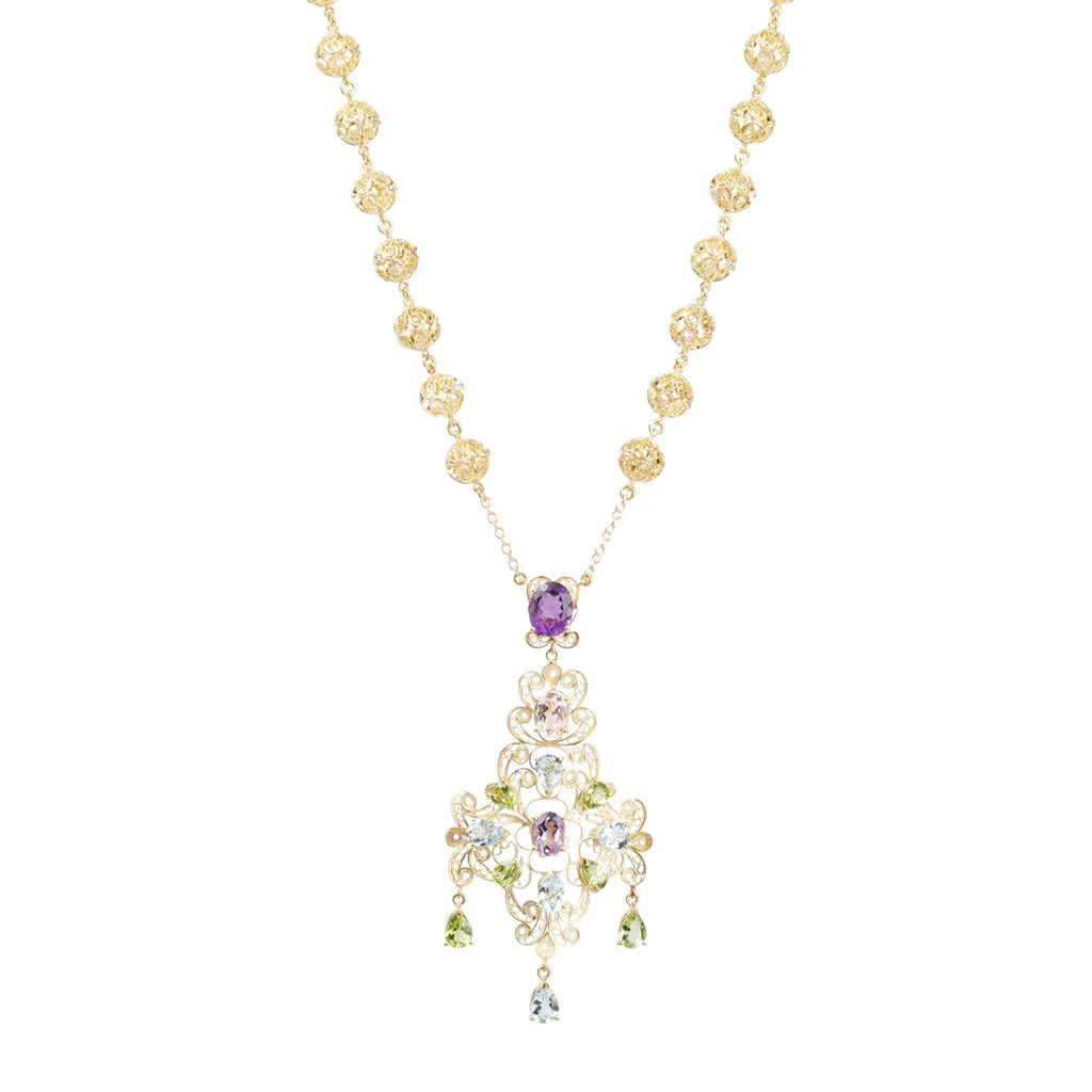 Dolce &amp; Gabbana 18k Yellow Gold Filigree Multicolor Stone Pizzo Necklace w/ Box Coeur Cult Core