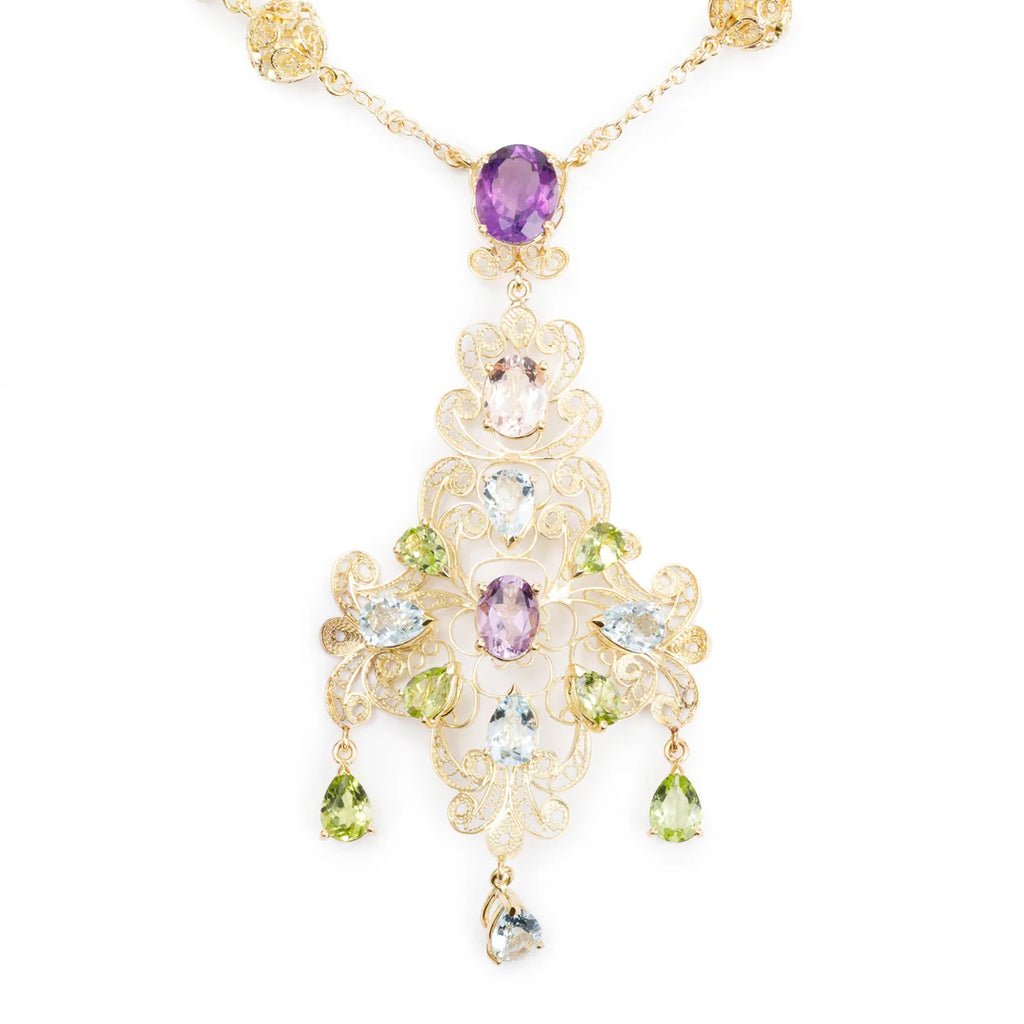 Dolce &amp; Gabbana 18k Yellow Gold Filigree Multicolor Stone Pizzo Necklace w/ Box Coeur Cult Core