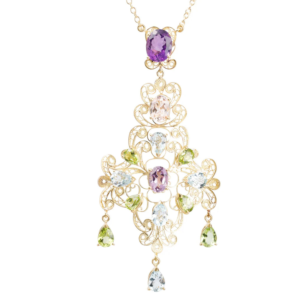 Dolce &amp; Gabbana 18k Yellow Gold Filigree Multicolor Stone Pizzo Necklace w/ Box Coeur Cult Core