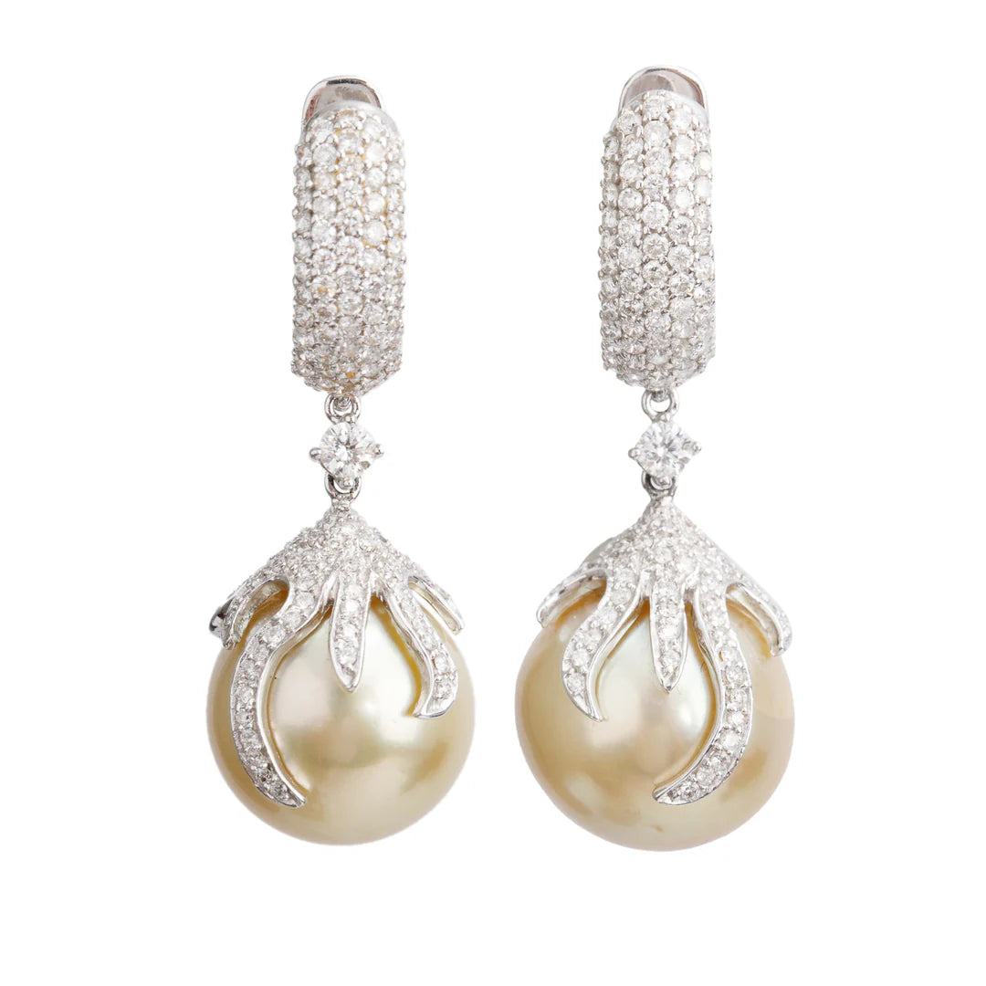 18k White Gold Diamond &amp; South Sea Pearl Drop Earrings