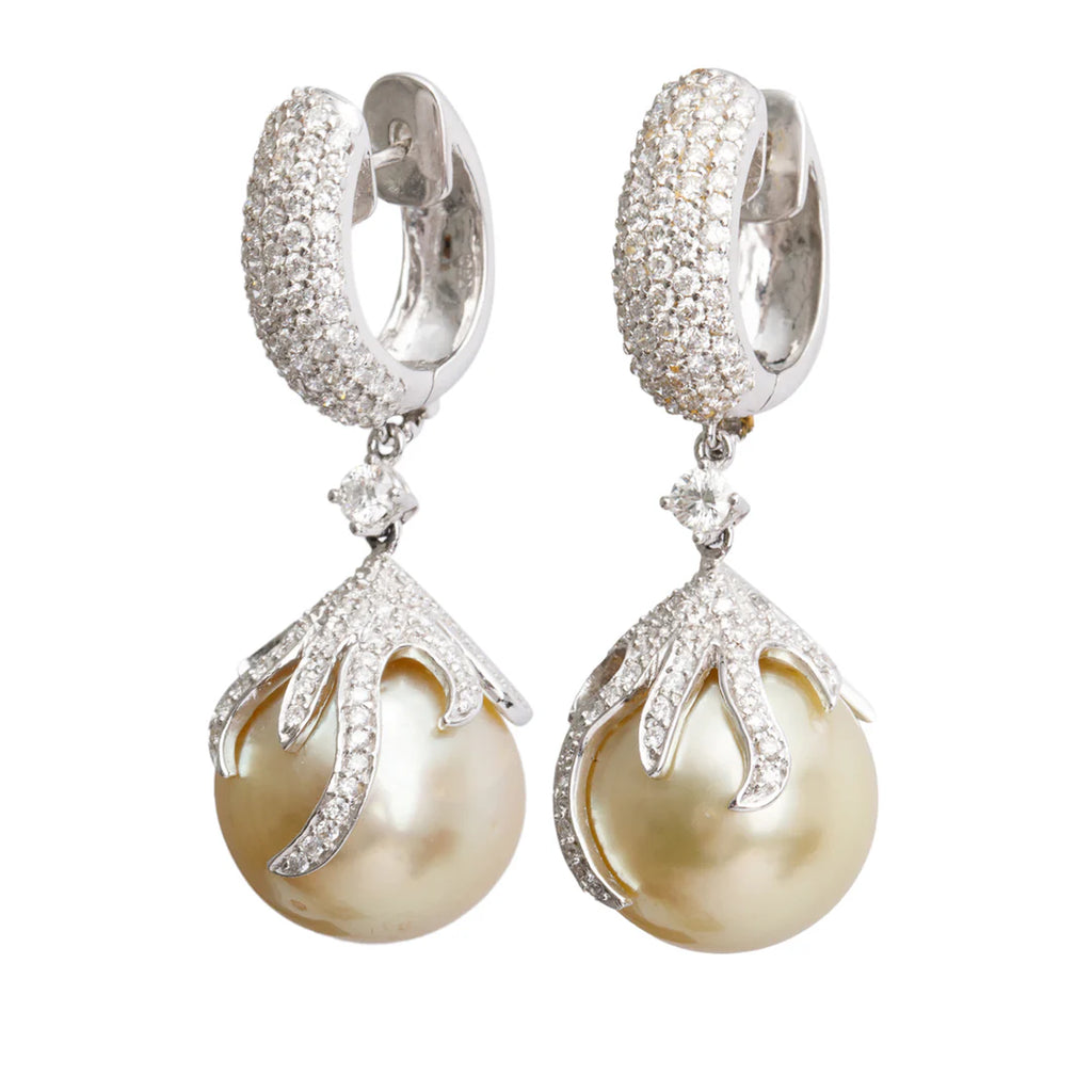 18k White Gold Diamond &amp; South Sea Pearl Drop Earrings