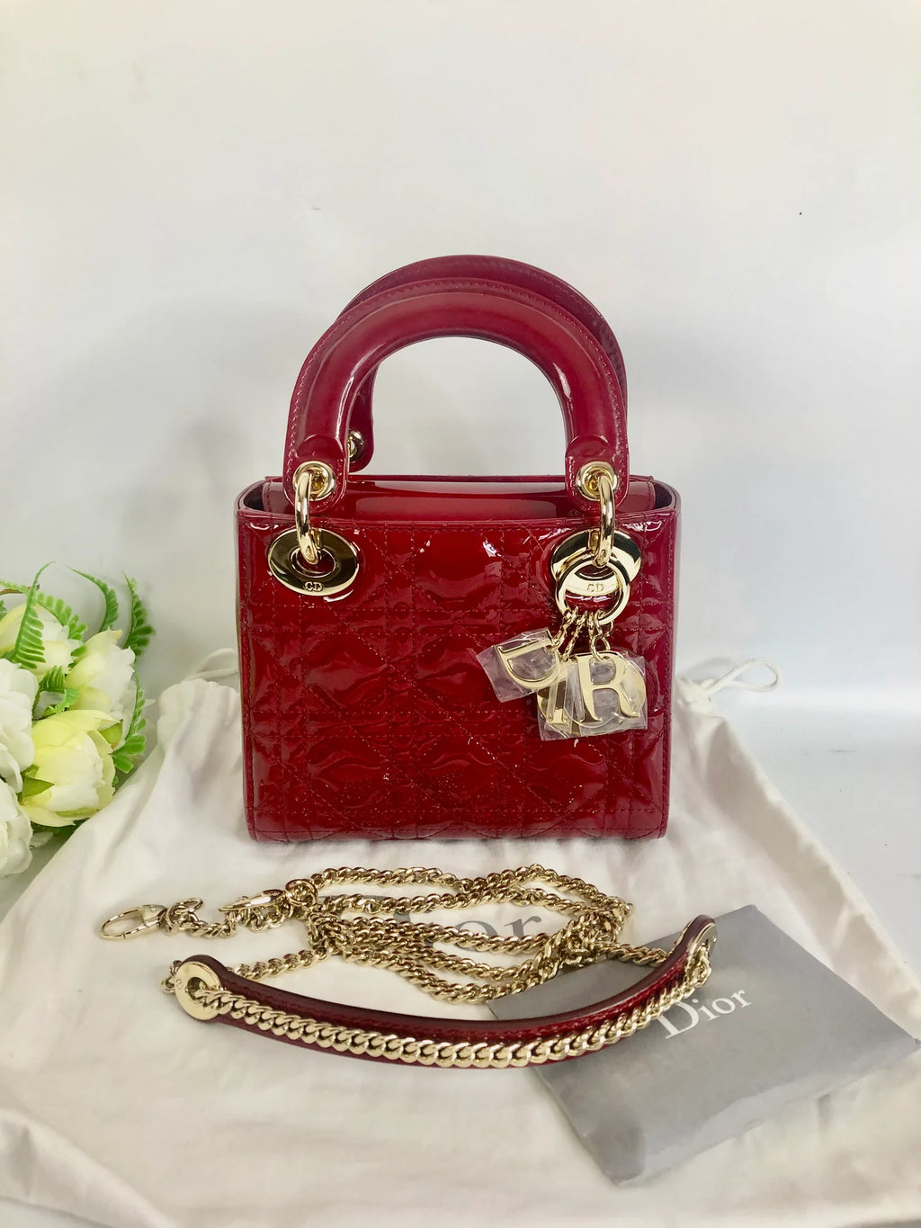 Lady Dior mini red patent Cannage calfskin, light gold hdw Coeur Cult Core